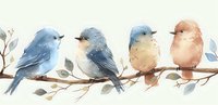 Adorable watercolor illustration of four little birds perched on a branch with delicate leaves, perfect for nursery decor, greeting cards, and children's book illustrations.