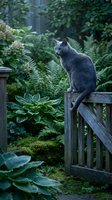 Gray cat perched on wooden fence in lush garden surrounded by ferns and foliage, looking alert in natural outdoor setting.
