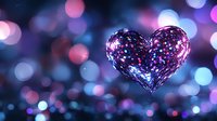 Glowing heart shape with sparkles floating against blurred bokeh background in purple and blue colors, romantic magical atmosphere for Valentine's Day designs.