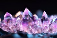Natural amethyst crystal formation with purple and pink hues on dark background, macro photography showing raw mineral structure and light reflections.