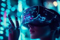 Young woman wearing virtual reality headset in neon environment with blue bokeh lights and digital reflections exploring metaverse technology.
