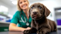 Adorable chocolate Labrador puppy at veterinary clinic with smiling vet in green scrubs. Close up of young dog during medical checkup shows trust and care.