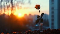 Single red rose in glass vase silhouetted against urban sunset sky, creating romantic mood with city buildings in background and fallen autumn leaves on surface.