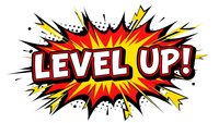 Level up comic book explosion burst with dynamic red yellow starburst rays and bold text for gaming motivation and achievement celebration.