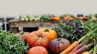 Fresh organic vegetables including tomatoes, carrots, and leafy greens at farmers market or farm stand. Suitable for food, agriculture, and healthy eating content.