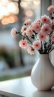 Pink flowers in ceramic vase on windowsill with soft bokeh lights creating warm ambiance for home decor and interior design concepts.