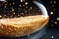 Magical golden glitter dust swirling in dark space with bokeh light effects creates dreamy abstract background for luxury and festive designs.