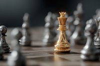 Golden queen chess piece standing out among silver pawns on wooden board, symbolizing leadership, strategy, and competitive advantage.