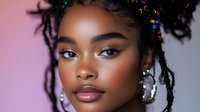 Young African American woman with natural dreadlocks hairstyle adorned with sparkly decorations against pink gradient background showcasing modern beauty and makeup trends.