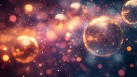 Glowing spheres with connected dots float in cosmic space amid orange and blue bokeh lights creating magical atmosphere for fantasy or technology concepts.