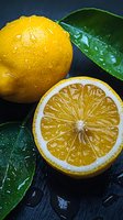 Fresh ripe lemon with water drops and green leaves on dark background, half cut showing juicy pulp texture, macro food photography for healthy lifestyle.