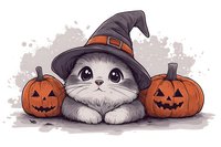 Adorable gray kitten wearing witch hat lying between carved halloween pumpkins with glowing faces on grunge background, festive autumn holiday illustration.