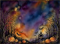 Halloween landscape with jack-o-lanterns, bare trees, haunted house silhouette and flying bats against colorful twilight sky for seasonal decorations.