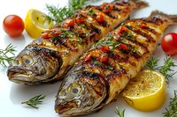 Grilled whole trout seasoned with herbs, lemon and cherry tomatoes on white plate, close up view of Mediterranean style fish dinner with charred marks.
