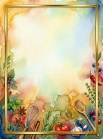 Watercolor cooking frame with fresh vegetables, herbs, and kitchen utensils arranged on colorful background. Isolated design ready for recipe cards, menus, and culinary projects.