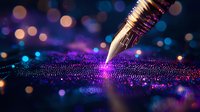 Fountain pen nib touching glittering surface with magical purple and blue bokeh lights, creating artistic sparkles and reflections in dark atmospheric setting.