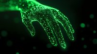 Glowing green hand silhouette made of luminous particles against dark background creates magical atmosphere. Digital art concept for technology and innovation.