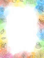 Tropical summer frame with hibiscus flowers, palm leaves and seashells on colorful watercolor background. Copy space for text and design projects.