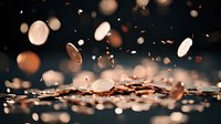 Falling copper coins creating dynamic motion with blurred bokeh effect on dark background, dramatic lighting highlights metallic currency in mid-air movement.