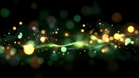 Glowing green and gold bokeh lights with magical sparkle wave effect on dark background, abstract festive holiday design for celebrations and special events.