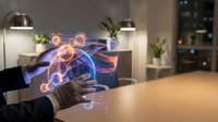 Businesswoman holding holographic brain interface displaying neural connections and digital data visualization for artificial intelligence and technology concepts.