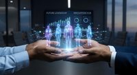 Business hands protecting holographic team figures with digital network connections and data analytics in modern office environment for leadership concepts.