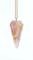 Rose quartz crystal point pendant with gold chain on white background, isolated gemstone jewelry for necklace design and fashion accessories.