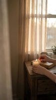 Cozy morning scene with hands holding lit candle near window with warm sunlight filtering through curtains creating peaceful atmosphere for relaxation.