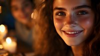 Young woman with reddish-brown wavy hair and fair complexion smiling warmly at camera with golden bokeh lights in background, evening portrait lighting.