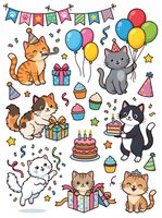 Cartoon cats celebrating with balloons, gifts, cake, cupcakes, party hats, bunting and confetti on white background. Isolated clipart elements for greeting cards, invitations and party designs.
