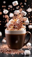 Hot chocolate explosion with floating marshmallows and cocoa powder splash against dark background, dynamic food photography with warm brown tones.