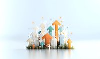 Colorful upward arrows rising above modern city skyline with skyscrapers on white background, representing business growth and urban development progress.