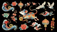 Lunar new year decorative elements collection featuring ornamental waves, red lanterns, blooming peonies, flying cranes, leaping tigers, and traditional tassels isolated on transparent background. Ready for t-shirt design, clipart, stickers, sublimation, and print-on-demand projects.