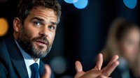 Middle-aged man with dark hair and beard wearing dark business suit and blue tie, gesturing while speaking at corporate event or presentation with blurred background lights.