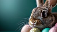Close up portrait of adorable brown bunny rabbit with Easter eggs in pastel colors against dark green background, seasonal spring holiday concept.