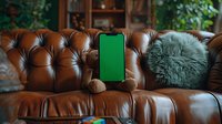 Smartphone with green screen mockup on brown leather sofa with decorative pillows. Cozy home interior setup for digital content creators and app developers.