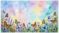 Watercolor garden scene with colorful butterflies and wildflowers on a pastel rainbow background, perfect for greeting cards and spring designs.