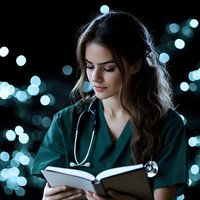 Young female medical professional in green scrubs reading book against bokeh lights background, portraying dedication to healthcare education and learning.