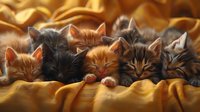 Sleeping kittens of different colors cuddled together on golden satin fabric, creating cozy and peaceful mood for pet photography and animal care concepts.