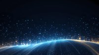 Glowing curved horizon line with bright blue and golden light effects against dark background, sparkling particles creating futuristic technology atmosphere.