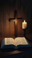 Open Bible with wooden cross and glowing candle against dark wooden background creates spiritual atmosphere for religious concepts and faith-based designs.