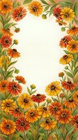Autumn marigold flowers frame with orange and yellow blooms, green leaves creating decorative border on cream background for seasonal greeting cards.