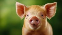 Adorable pink piglet with fuzzy ears and curious expression against blurred green background, close-up portrait showing personality and charm of young farm animal.