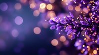 Purple crystal branch with sparkling lights and golden bokeh background for luxury holiday decorations and festive seasonal designs.