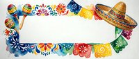 Mexican fiesta frame with colorful papel picado banners, traditional sombrero and maracas on white background for Cinco de Mayo celebrations.