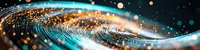 Glowing abstract wave pattern with golden and turquoise light particles flowing in dark space, creating dynamic motion effect for technology backgrounds.