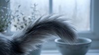 Fluffy cat tail swishing over white ceramic bowl near bright window with soft natural lighting creating peaceful domestic scene.