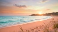 Serene coastal landscape with golden sunset over turquoise ocean waves rolling onto sandy beach with dune grasses, peaceful seaside scene for travel and relaxation themes.