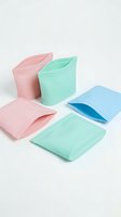 Colorful resealable pouches in pink, mint green, and light blue with zippered tops, displayed in various angles on white background for packaging design.