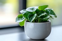 Pothos plant with glossy green heart-shaped leaves growing in modern white ceramic pot on windowsill, natural light creates soft bokeh background.